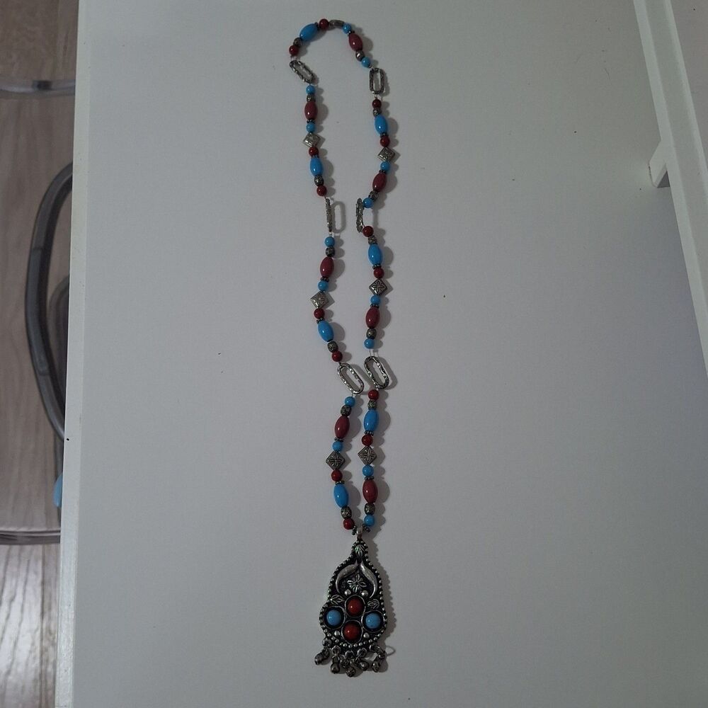 Bohemian Tribal Blue Red Silver Tone Dangling Round Beaded Chain Necklace